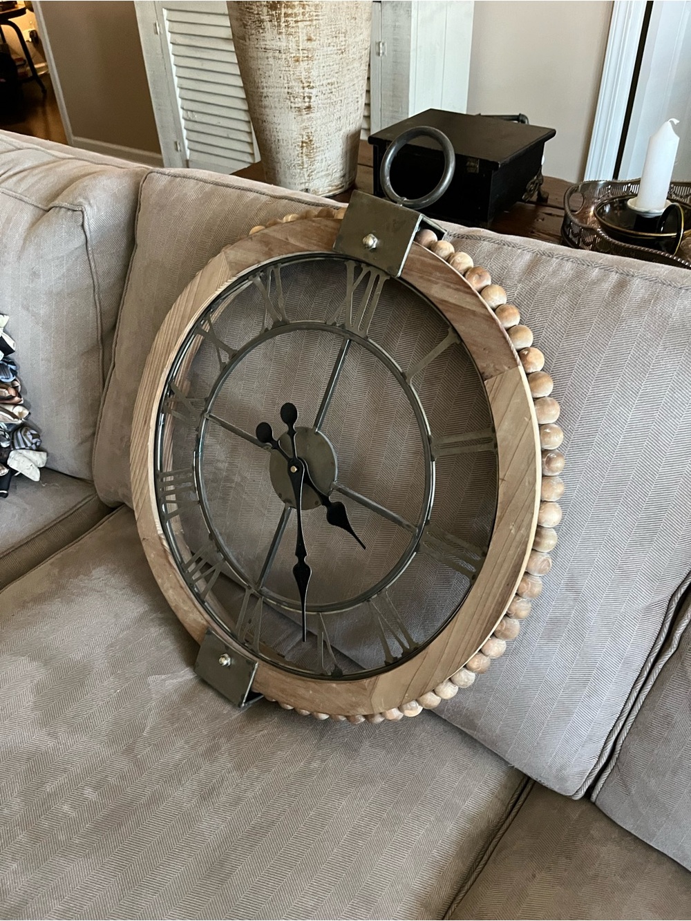 Magnolia Home Classic Wood & brushed metal Roman Numeral Wall Clock . - Picture 2 of 5